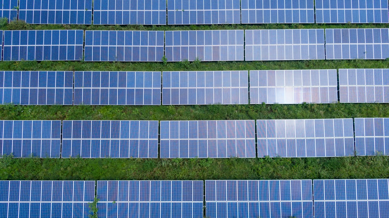 aerial view of rows of solar panels