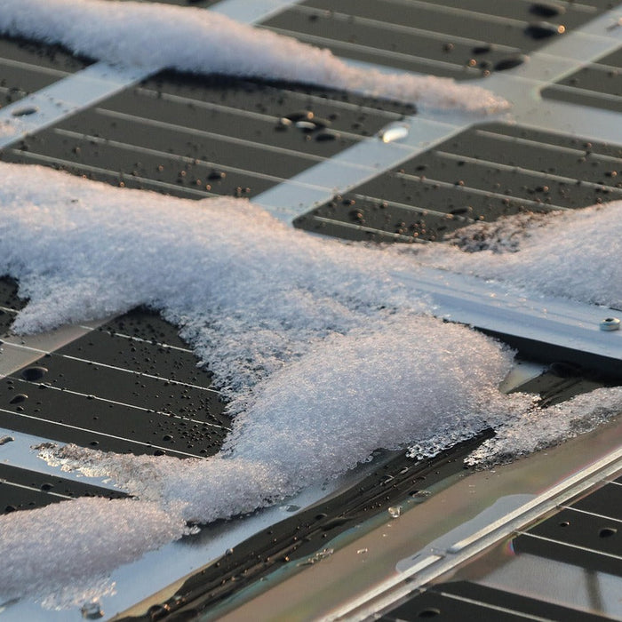 solar panels topped with melting snow