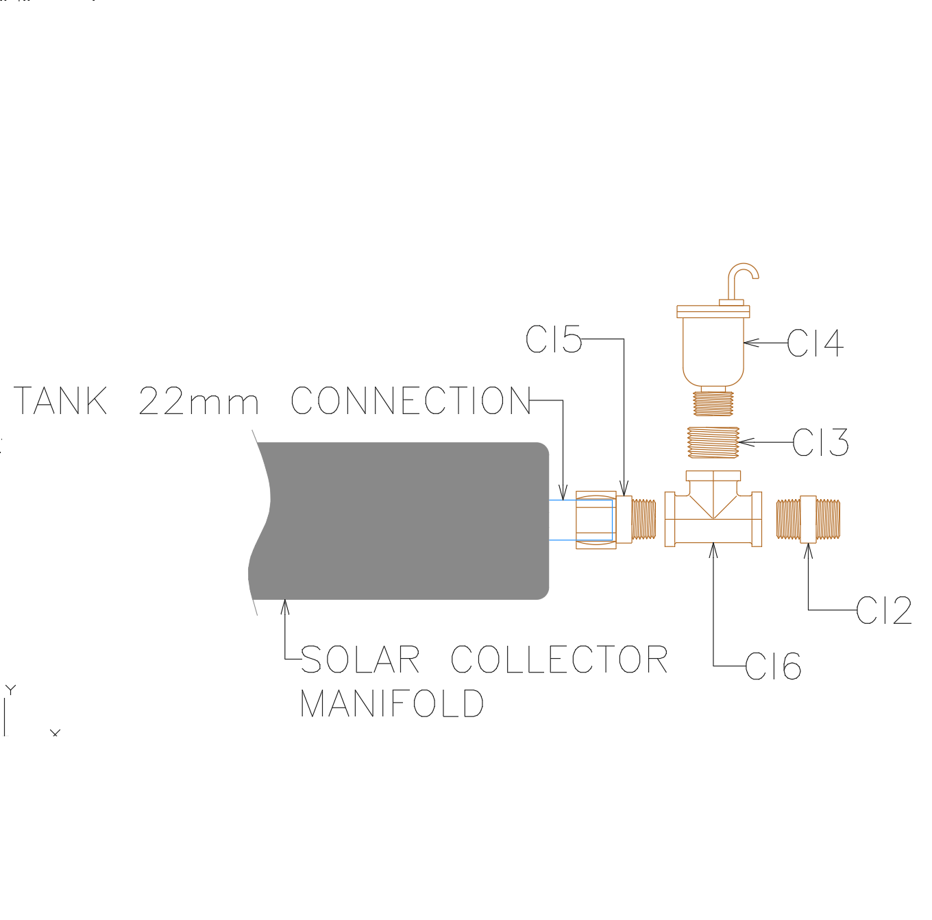 HSSCI50NPT-22MM X 3/4" NPT VACUUM TUBE COLLECTOR INLET CONNECTION KIT